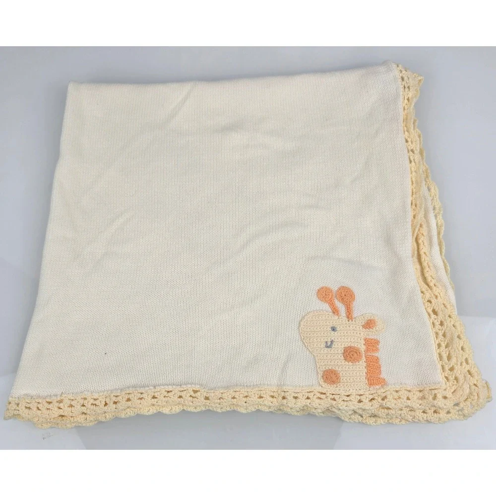 Gerber Baby Blanket Cream Knit Sweater Crochet Lace Trim Giraffe Patch Cotton